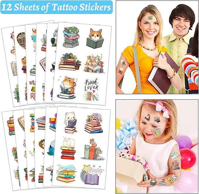 98 PCS Reading Book Party Favors, Reading Book Temporary Tattoos Slap Bracelets Stickers Badges Keychains for Reading Book Birthday Party Decorations Supplies for Kids Boys Girls Book Lovers