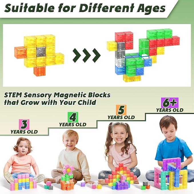 64PCS Magnetic Blocks Building Toys - Transparent Rainbow Magnetic Cubes Set, Outdoor Sensory Autism STEM Toys Gifts for Kids Aged 3+ Year Old Boys & Girls