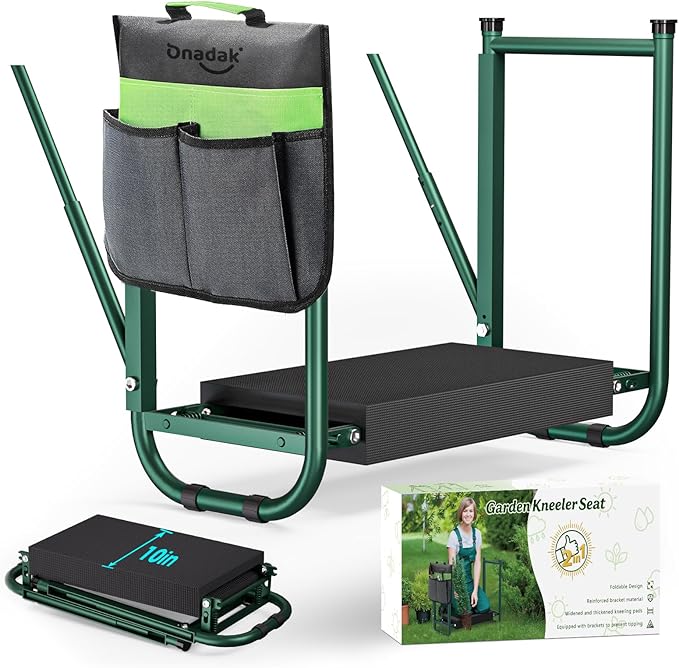 Heavy Duty Garden Kneeler and Seat for Elderly, 400lbs Capacity Foldable Gardening Stool with Support Legs & Thick Pad, Includes Large Tool Organizer Bag, Green