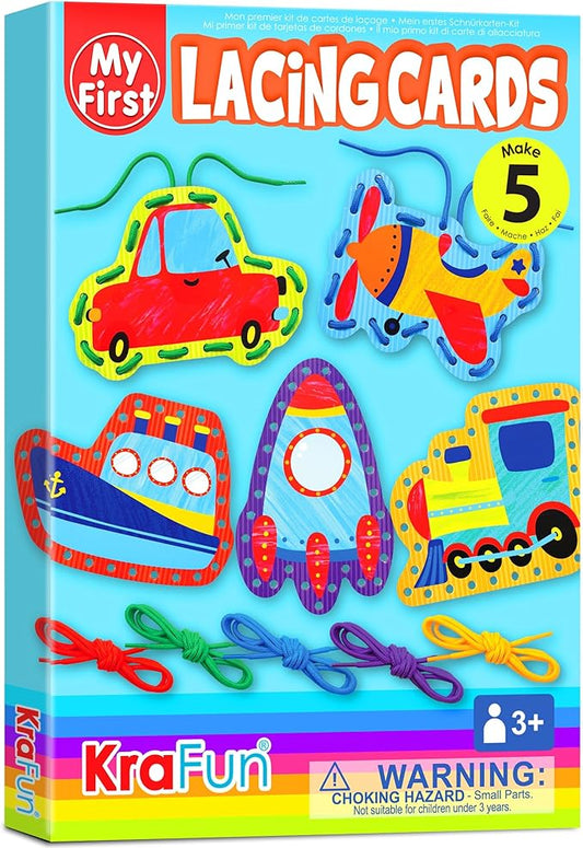 KRAFUN Preschool Beginner First Lacing Card Kit for Kids Training Arts & Crafts, 5 Easy Transport and Cars Lacing Projects, Lacing Cards for Toddlers, Fine Motor Skills Toys