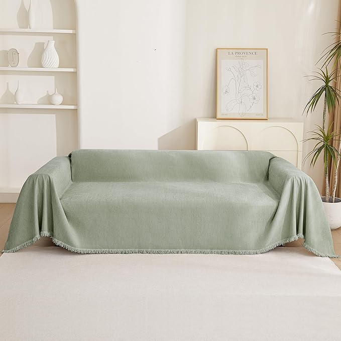 MYSKY HOME Couch Cover L Shape, Sectional Couch Covers, Couch Cover Blanket Furniture Protector for Pets, Sofa Covers Tassel Chenielle Sofa Slipcover Soft Throw Couch for Dogs,91"X150", Sage Green