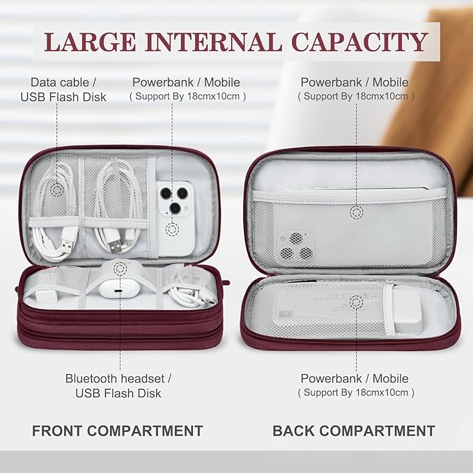 FYY Electronic Organizer, Travel Cable Organizer Bag Pouch Electronic Accessories Carry Case Portable Waterproof Double Layers Storage Bag for Cable, Charger, Phone, Earphone, Medium Size- Wine Red