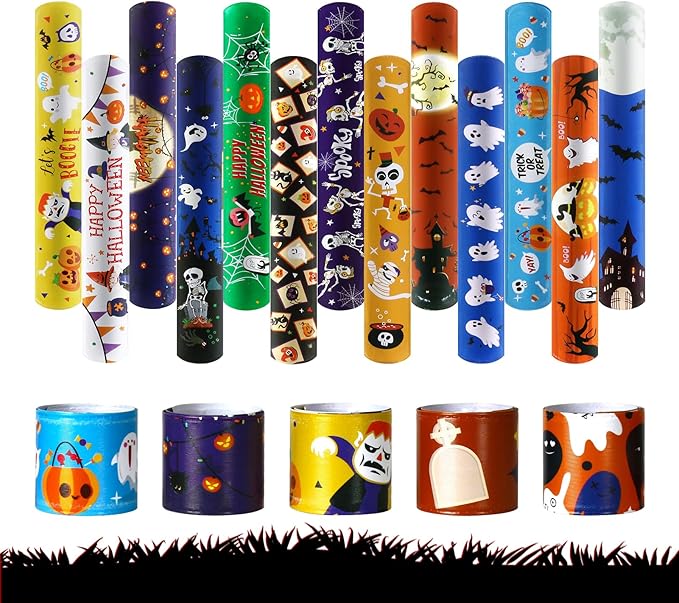 Halloween Slap Bracelet For Kids,48Pcs Halloween Party Favors, Halloween Decorations Gifts Bracelet Decorations Outdoor, Halloween Prizes Snap Bracelets Bulk Decor,Halloween Favors for Kids,Boys,Girls