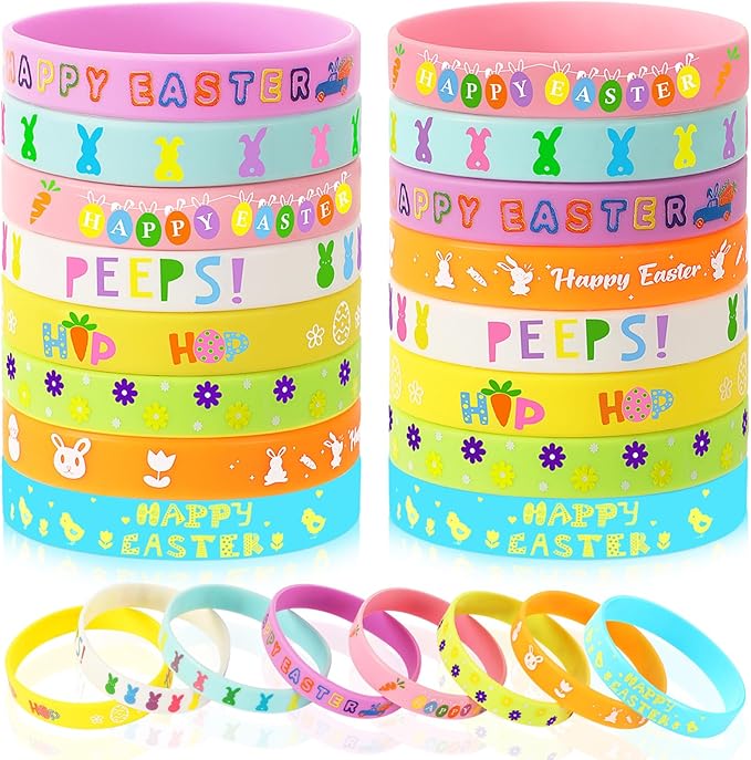 JUNEBRUSHS 24Pcs Easter Party Favors Silicone Bracelets Egg Bunny Rubber Wristbands for Kids Teens Easter Basket Fillers Gift Party Decorations (8 Designs)