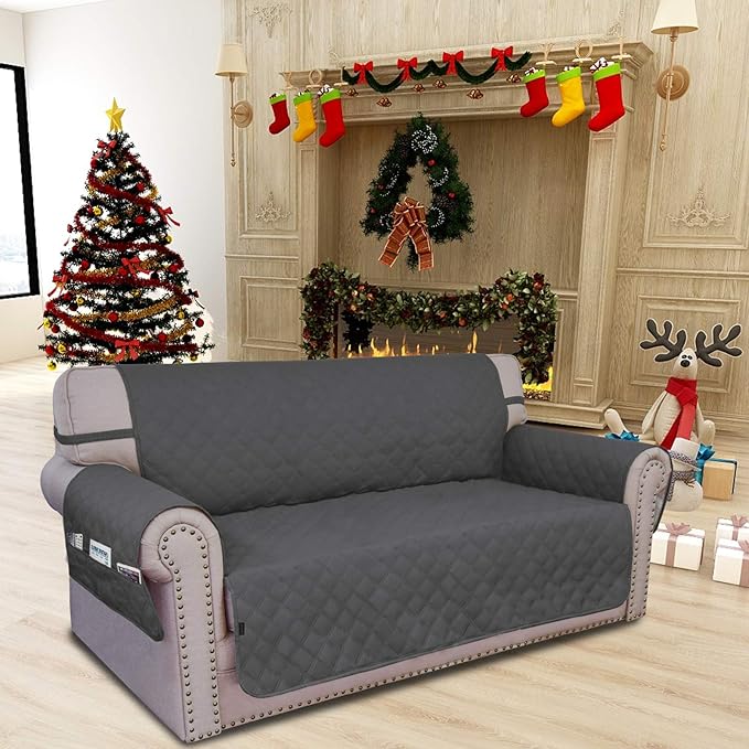 Easy-Going Sofa Slipcover Loveseat Cover Waterproof Couch Cover Washable Sofa Cover for 2 Cushion Couch Non-Slip Fabric Furniture Protector with Pocket for Pets Kids Dog Cat (Loveseat, Dark Gray)