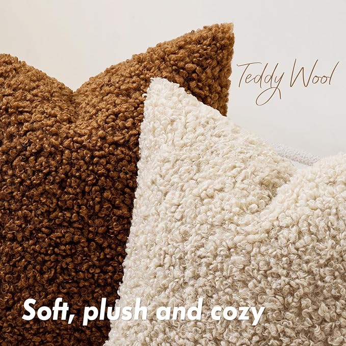 Woaboy Faux Fur Throw Pillow Covers 20x12 Inch Set of 2 Boucle Neutral Decorative Lumbar Sherpa Fuzzy Accent Soft Sheepskin Fleece Cushions Modern Home Fall Decor for Couch Bedroom Living Room,Brown