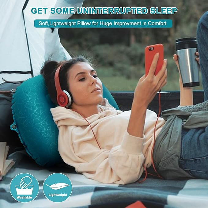 BreezCamp Inflatable Camping Pillow, Travel Blow Up Air Pillow, Neck Lumbar Support Ultralight Compact Pillow for Outdoor Hiking Backpacking Car Beach Airplane Sleeping Essentials, Peacock Blue