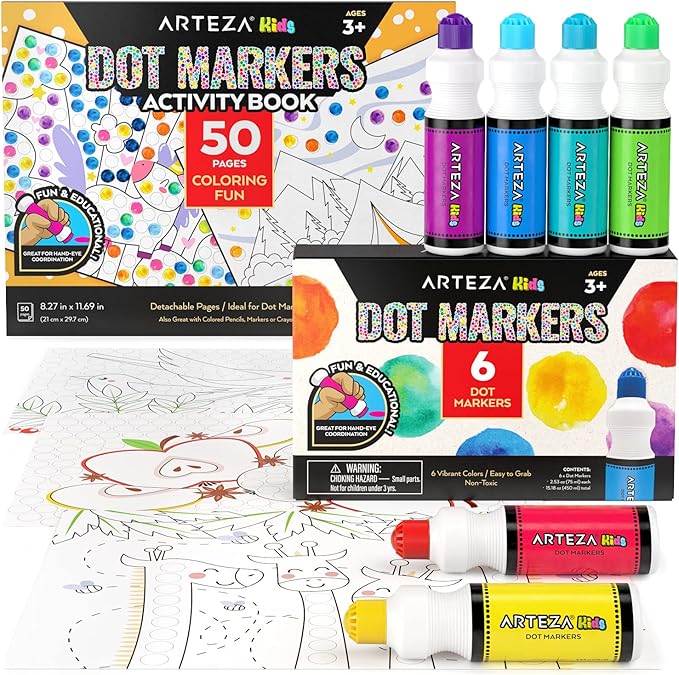 ARTEZA Kids Dot Markers and Activity Book, 6 Nontoxic Bingo Daubers