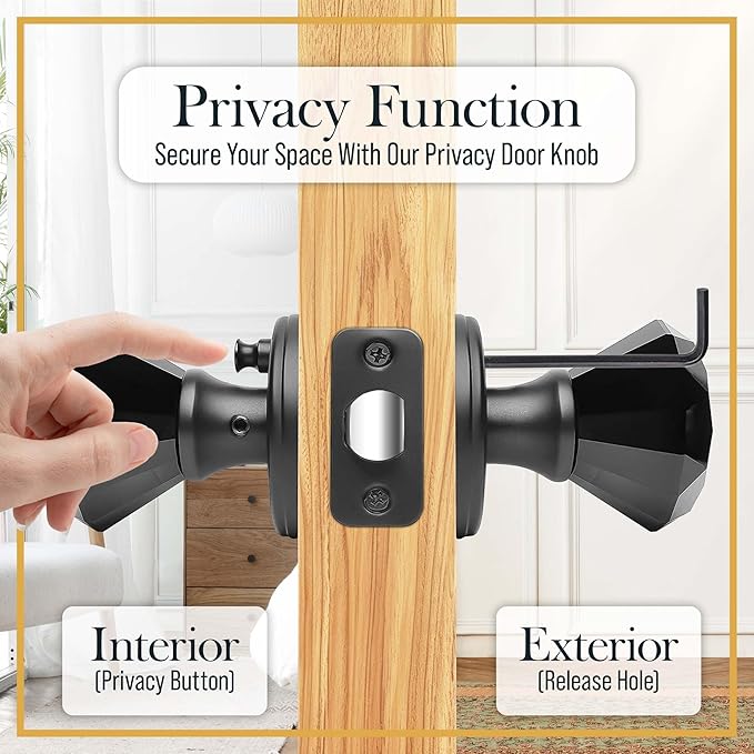 Black Crystal Door Knob with Lock, Glass Door Knobs Interior Privacy Set, Vintage Decorative Antique Style Handle for Bedroom, Bathroom, Closet, 2 Pack