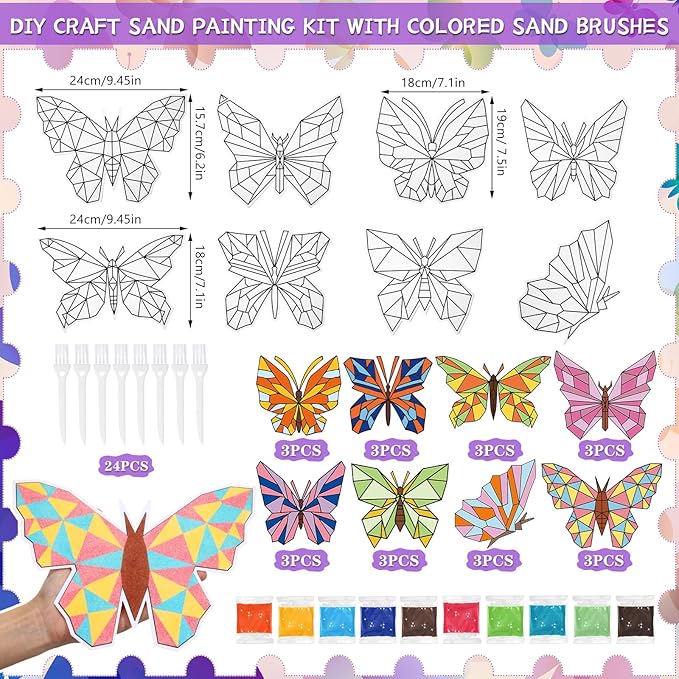 Halloscume 24 Sets Butterfly Sand Art Kits for Kids DIY Craft Sand Painting Kit with Colored Sand Brushes Spring Butterfly for Sunday School Classroom Fun Home Creative Activities