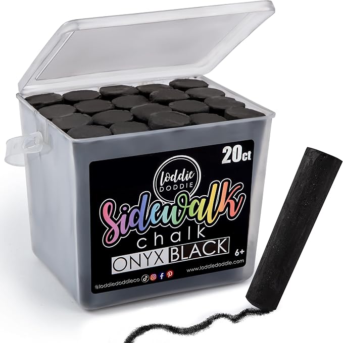 Loddie Doddie Reusable Bucket of Black Sidewalk Chalk - 20 Count Non-Toxic Jumbo Chalk Sticks for Kids, Fun & Easy Cleanup