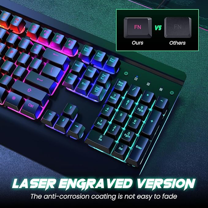 RisoPhy PC419 RGB Gaming Keyboard, 7 Single Color Backlits, 104 Keys Metal Panel, Silent Keys, Wrist Rest, Full Size Waterproof Light Up for PC Laptop Mac Gamer