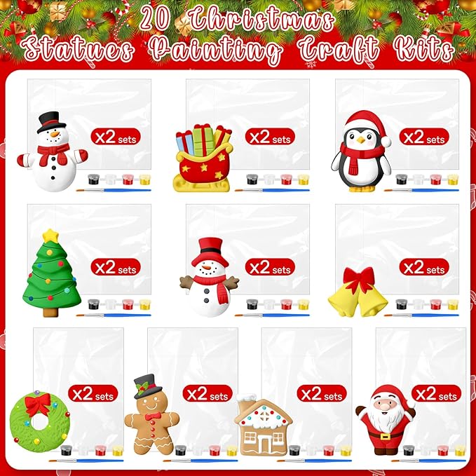 20 Set Christmas DIY Painting Kit Ceramic to Paint Your Own Snowman Santa Xmas Tree Penguin Statues Unpainted Plaster Figurines Brushes Acrylic Paints Bags Party Favor for Kids Adults