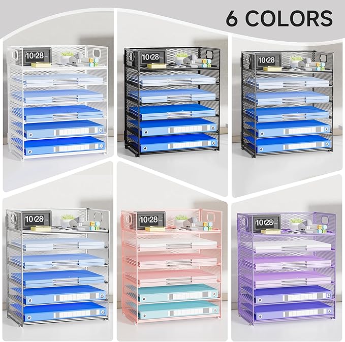 Paper Organizer for Desk with Handle, 6-Tier Metal Mesh File Organizer | Stackable Letter Tray for Office Documents & Stationery Storage