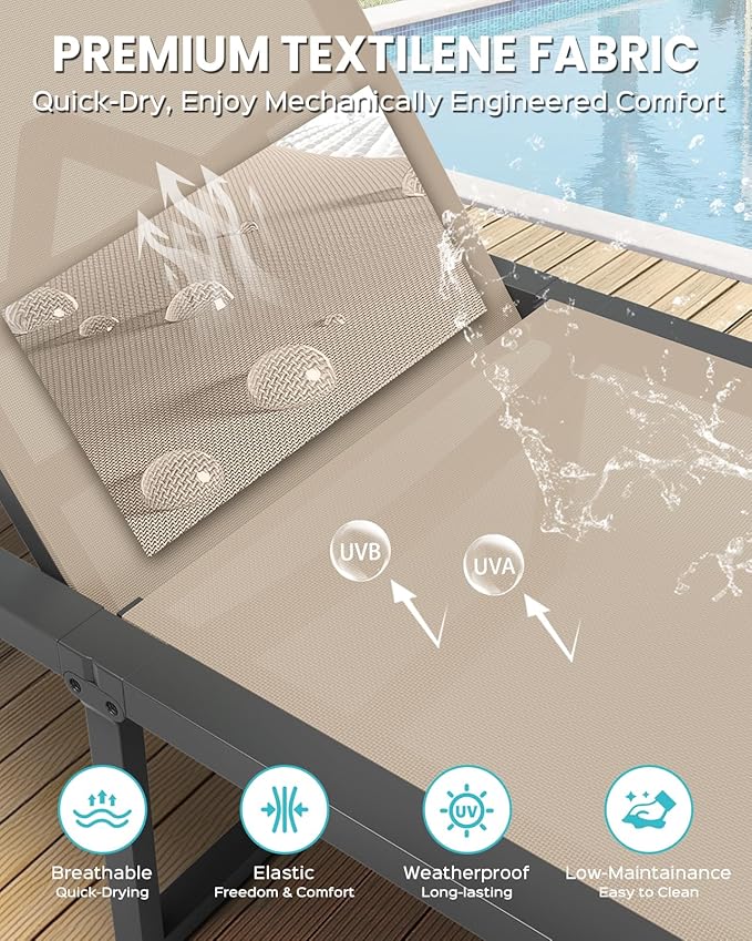 Aluminum Chaise Lounge Chair Outdoor, Foldable & Assembly Free Patio Pool Lounge Chairs 5-Position Recliner for Outside Poolside, Fully Grounded Legs Sun Lounger for Beach, Yard, Khaki