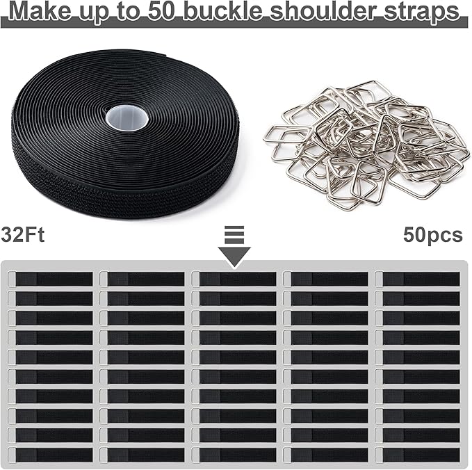 1" x32Ft Hook and Loop Straps with 50 Metal Buckles, Adjustable Fastening Cable Straps, Free Cut Length Cinch Straps, Reusable Nylon Cable Ties for Organizer or Storage, Black
