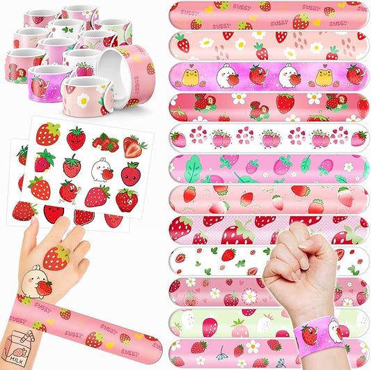48PCS Strawberry Party Favors - 24PCS Tattoos & 24PCS Slap Bracelets - Berry Themed Birthday, Baby Shower, Goody Bag Fillers, Summer Party Supplies, Classroom Prizes, Gifts for Kids & Toddlers
