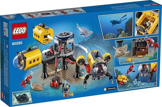 LEGO City Ocean Exploration Base Playset 60265, with Submarine, Underwater Drone, Diver, Sub Pilot, Scientist and 2 Diver Minifigures, Plus Stingray and Hammerhead Shark Figures (497 Pieces)