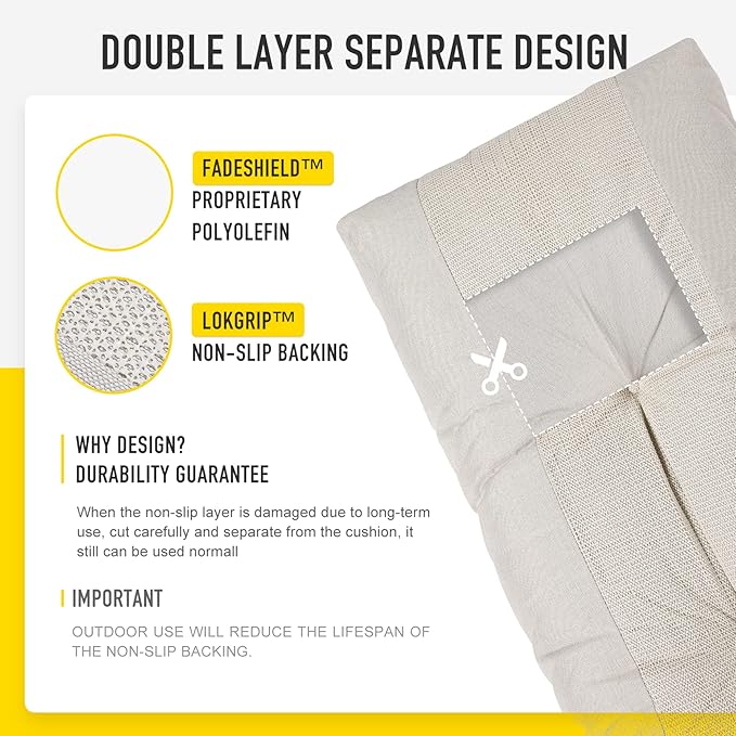 SUNROX LokGrip Non Slip Tufted Memory Foam Bench Cushion, FadeShield Water Resistant Durable Thicken Outdoor/Indoor Bench Seat Pads 59x16x4 inch, Cream