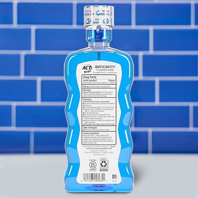 ACT Kids Anticavity Fluoride Rinse Pineapple Punch 16.9 fl. oz. Accurate Dosing Cup, Alcohol Free