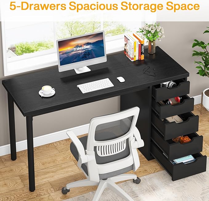 Tribesigns Computer Desk with 5 Drawers, 47 inches Rustic Brown Home Office Desk with Storage, Modern Simple Laptop Desk Study Writing Table for Small Spaces (1, Black)