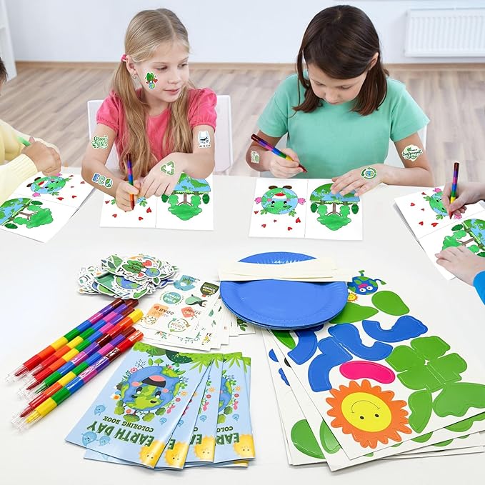 Cinrobiye 72 Pcs Earth Day Party Favors Gifts，Save the Planet Coloring Books with Stacking Crayons，Earth Party Crafts DIY Kit，Travel Party Stickers World Environment Day Decorations for Classroom