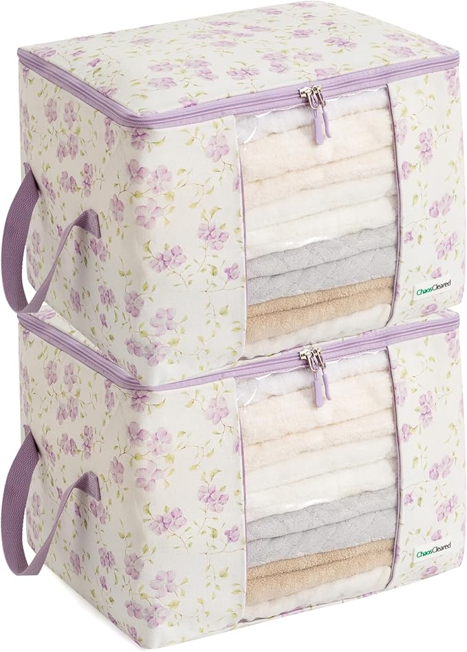 Canvas Storage Bags 2 Pack Designer Organizer bags for Clothes, sweaters, clothing, garments, quilt, linens, large folding organizers with zip & window, moth proof space saver Purple floral Print