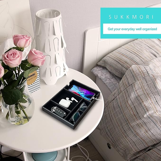 Valet Tray for Men and Women - PU Leather Desktop Organizer with 4 Compartments, Dresser Catchall Tray for Keys, Watch