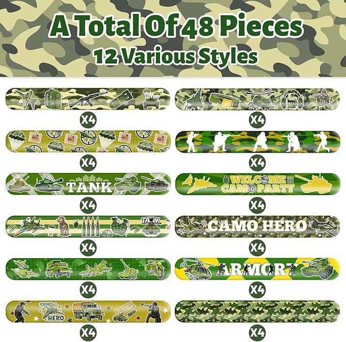 48 PCS Army Slap Bracelets Party Favors Military Camo Wristbands Bracelets Goodie Bag Fillers for Army Birthday Decorations Supplies for Class Reward Prizes Gift for Kids Party Favors Birthday Gifts
