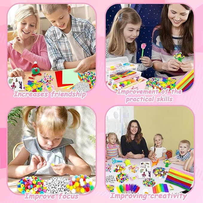 3000 Arts and Crafts Supplies for Kids Craft Kit All in 3 Layered Craft Box with Pipe Cleaners Crafts for Kids Age 4-6, 6-8, 8-12 DIY School Supplies Materials Set Toys Gifts for Girls Boys, Pink
