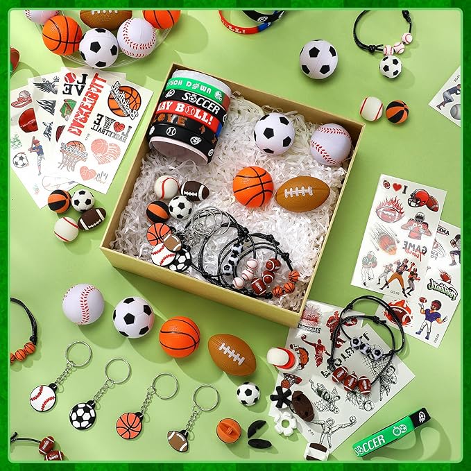 Aoriher Sport Party Favors for Kids, 15 Sets Sport Goodie Silicone Sport Bracelets Mini Stress Ball Keychain Temporary Tattoo Sticker Eraser for Sport Birthday Party Supplies Total 85 Pcs(Sport Ball)