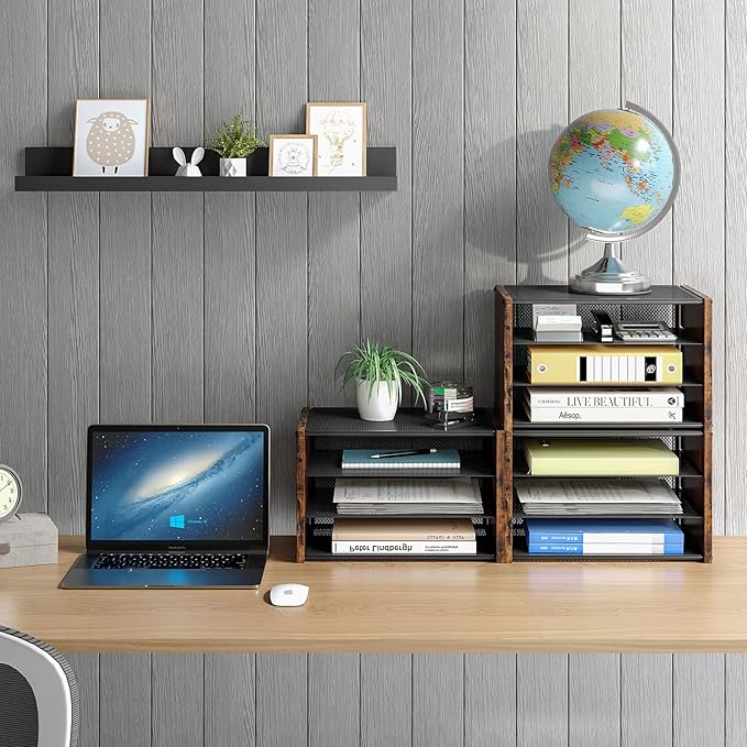 3-Tier Paper Letter Tray, Wooden Desk File Organizer, Stackable Metal Mesh Desk Organizer for Office Supplies. Small Paper Trays for Home Office School, Rustic Brown