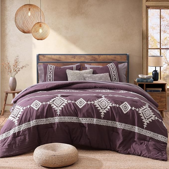 MaiRêve Embroidery Queen Size Comforter Set Purple, Boho Farmhouse Western Bedding Set 7 Pieces, All Season Bed in A Bag Comforter Set with Sheets, Pillowcases & Shams