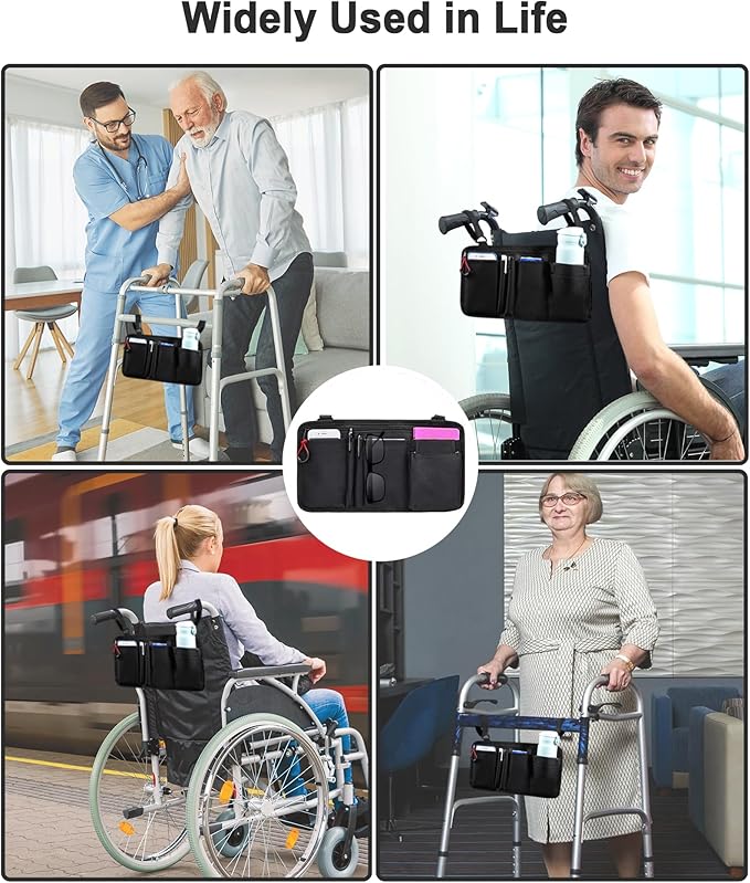 LIGHTMEUP Wheelchair Side Bag with Cup Holder [2 Pack]- Wheelchair Armrest Pouch Accessories for Adults, Storage Bags to Hang on Side Oversized Zipper Pull for Electric Wheelchair Walker Rollator