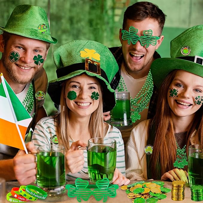 Garma 238 PCS St Patricks Day Decorations Set Glasses Bracelets Coins Necklaces Flags Tattoos Brooches Fake Beards Party Blowers Hand Clappers Saint Patricks Day Party Favors Accessories Supplies