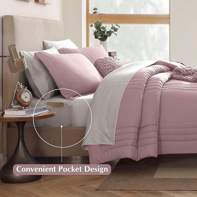 Monbix Queen Comforter Set - 7 Pieces Zephyr Bed in a Bag Queen Bedding Sets with Comforters, All Seasons Comforter Bed Set with Sheets, Pillowcases & Shams