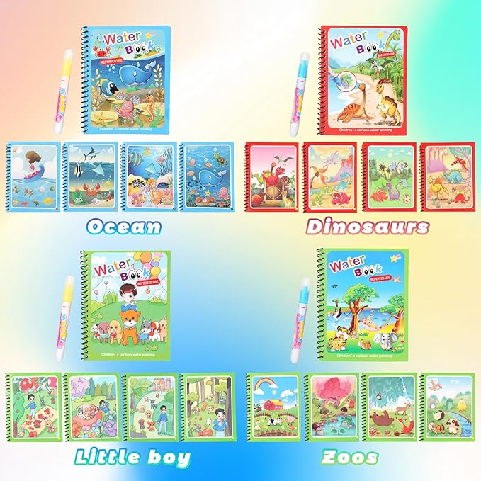 4 Pack Reusable Water Coloring Books for Toddlers, Paint with Water Books,Mess-Free Coloring Book, Portable Educational Doodle Drawing Toy, Improving Children's Imagination, Color Perception