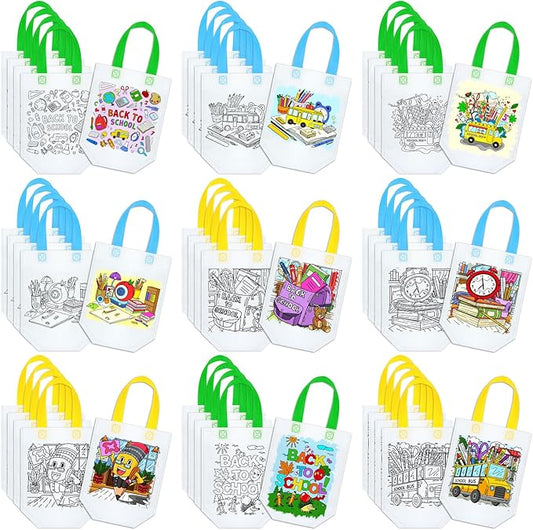 Kacctyen 45 Pcs Back to School Coloring Goodie Bags Reusable Back to School Art Party Favor Paint Bags for Kids Farmhouse Theme Barnyard Birthday Bags Color Your Own Bag Graffiti Goodie Bags, 9 Styles