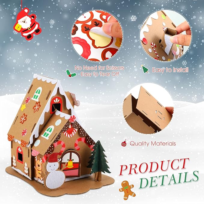 6 Sets Christmas Gingerbread House Kit Christmas Crafts for Kids Mini Christmas Cardboard Make-a-Gingerbread House Craft for Boy Girl Christmas Party Game Craft Supplies(Classic Style)