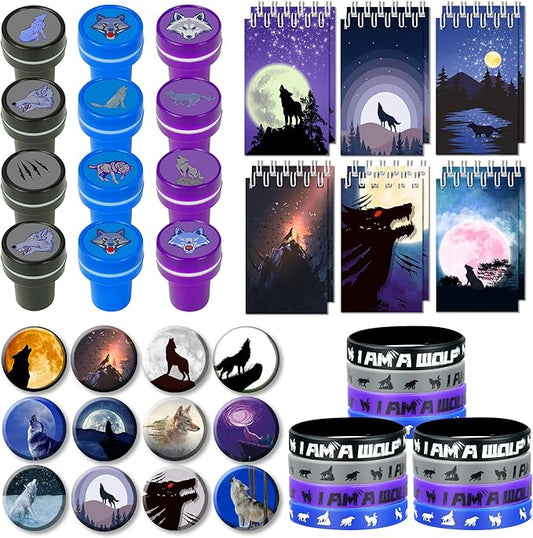48 PCS Wolf Party Favors, Wolf Birthday Party Favors with 12 Wolf Button Pins, 12 Mini Notebooks, 12 Stampers and 12 Rubber Bracelets for Birthday Party Baby Shower Holiday
