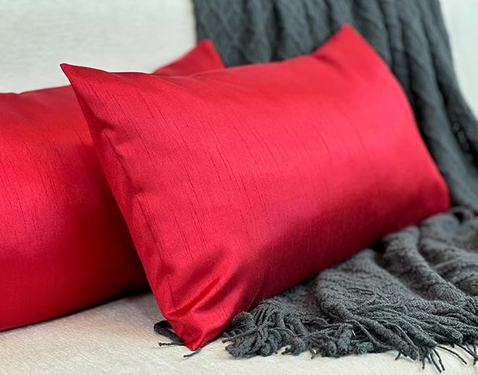 Aiking Home 12x24 Inches Faux Silk Rectangular Throw Pillow Cover, Zipper Closure, Red (Set of 2)
