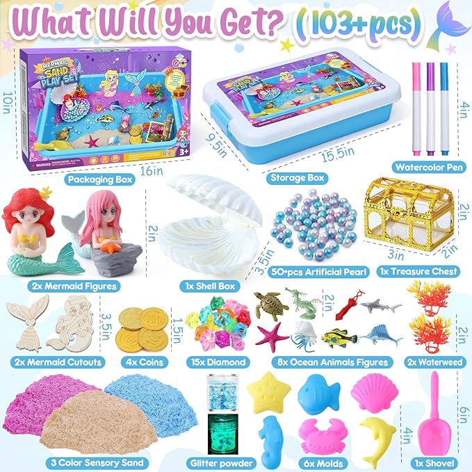 G.C Mermaid Sensory Bin for Girl Kid Toy, 103pcs Play Sand Art Kit with Sandbox/2lb Color Sand/6 Molds/Treasure Box/Shell, Ocean Sensory Toy Christmas Birthday Gift for Girl Toddler Ages 3 4 5 6 7 8