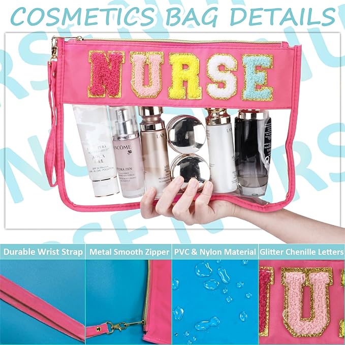 BuyCard 2 Pcs Nurse Gift Clear Makeup Bag Chenille Letter Patch Cosmetic Bag Zipper Pouch Nurse Survival Kit Travel Bag for Toiletries Waterproof Portable Travel Organizer Case for Women Girls