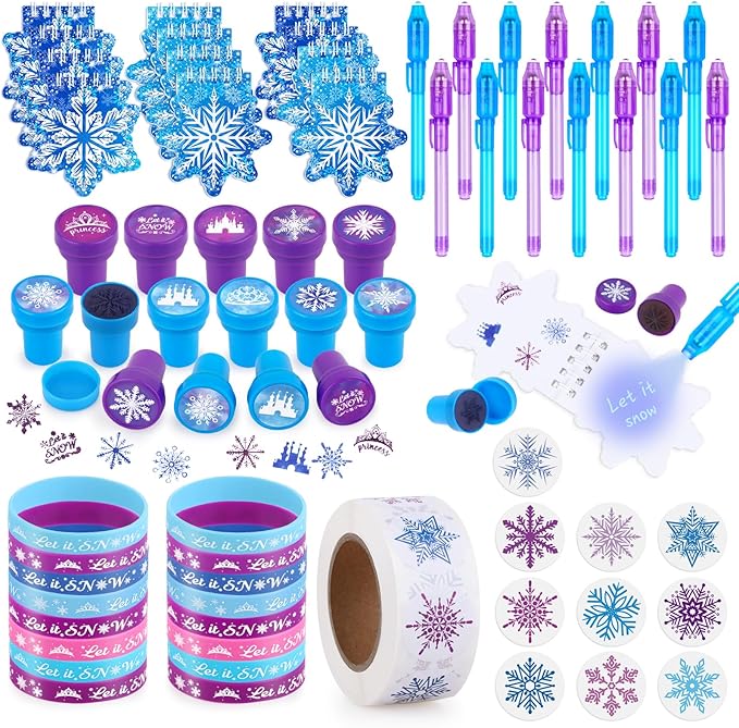 67 Pcs Frozen Party Favors Set, Winter Wonderland Birthday Supplies Party Favors Christmas Gifts for Girls Kids, Snow Theme Gift Set with Pens, Snowflake Gift Bag, Stamps Sticker for Gift
