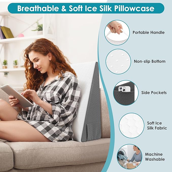 Wedge Pillow, 8 inch Bed Wedge Pillow for Sleeping & Resting, Cooling Memory Foam Incline Pillow for Adults Seniors, Back Support and Leg Elevation, Ideal for Couch, Bedroom & Living Room