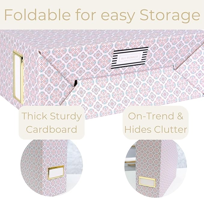 BLU MONACO | Foldable Magazine File Holder Set of 4 | Moroccan Tile Cardboard Organizers | Vertical Desk and Shelf Storage for Home Office Dorm | Decorative File Boxes