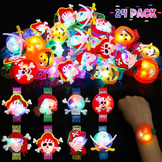 24 Pack Halloween Christmas Stocking Stuffers Christmas Party Favors Gifts for Kids, Light Up Bracelets Birthday Goodie Bags Stuffers Kids Classroom Prizes, Glow in the Dark New Year Party Supplies