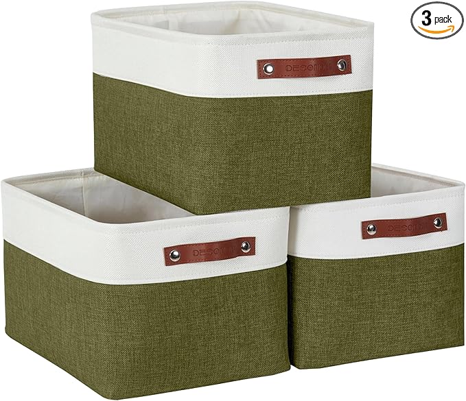 DECOMOMO Fabric Storage Bins - Storage Baskets for Shelves, Linen Closet Organization (Olive Green & White, Large - 3 Pack)