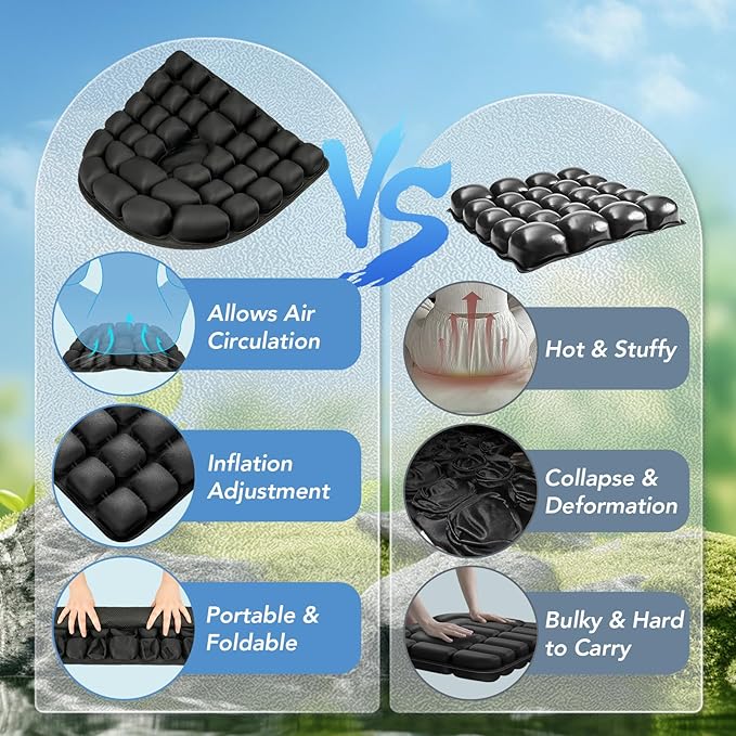 Travel Seat Cushion, 3D Air Inflatable Pressure Relief Cushion for Hemorrhoid and Tailbone Pain Relief, Optimal Support for Long Sitting in Car, Air Travel, Office Chairs, Home Living