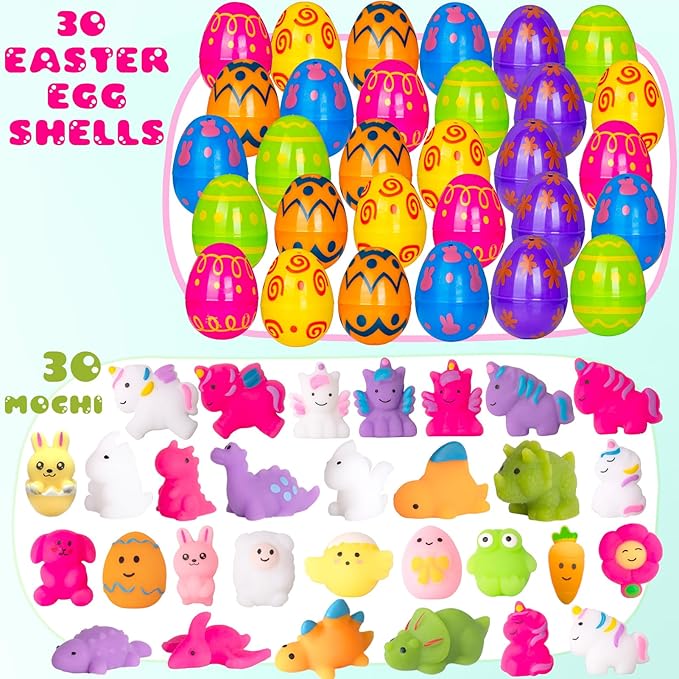 30 Pack Easter Eggs Colorful Animal Dinosaur Unicorn Mochi Squishies Toys & Cute Chick Easter Basket for Toddler Kids Easter Theme Party Favor Easter Eggs Hunt Ester Basket Stuffers Boys Girls Gifts